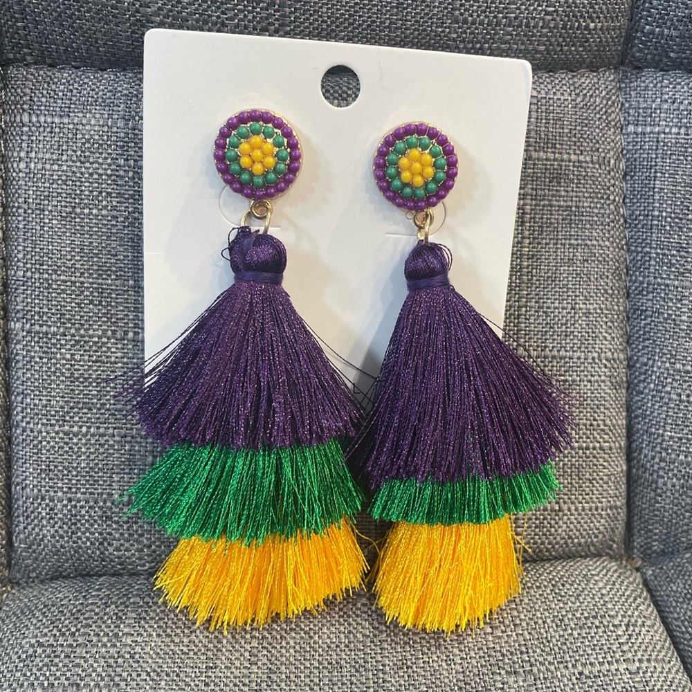 Mardi Gras Tassle Emblezzed  Earrings